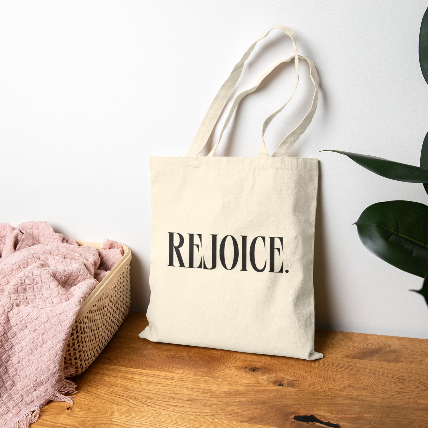 "rejoice" tote bag