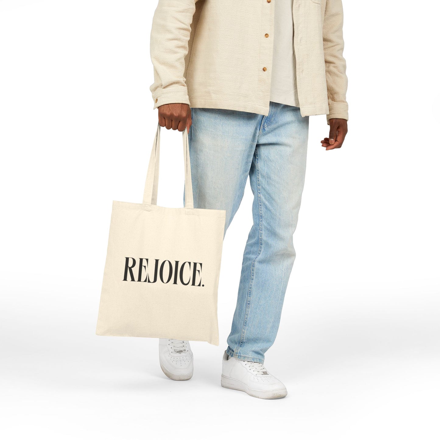 "rejoice" tote bag